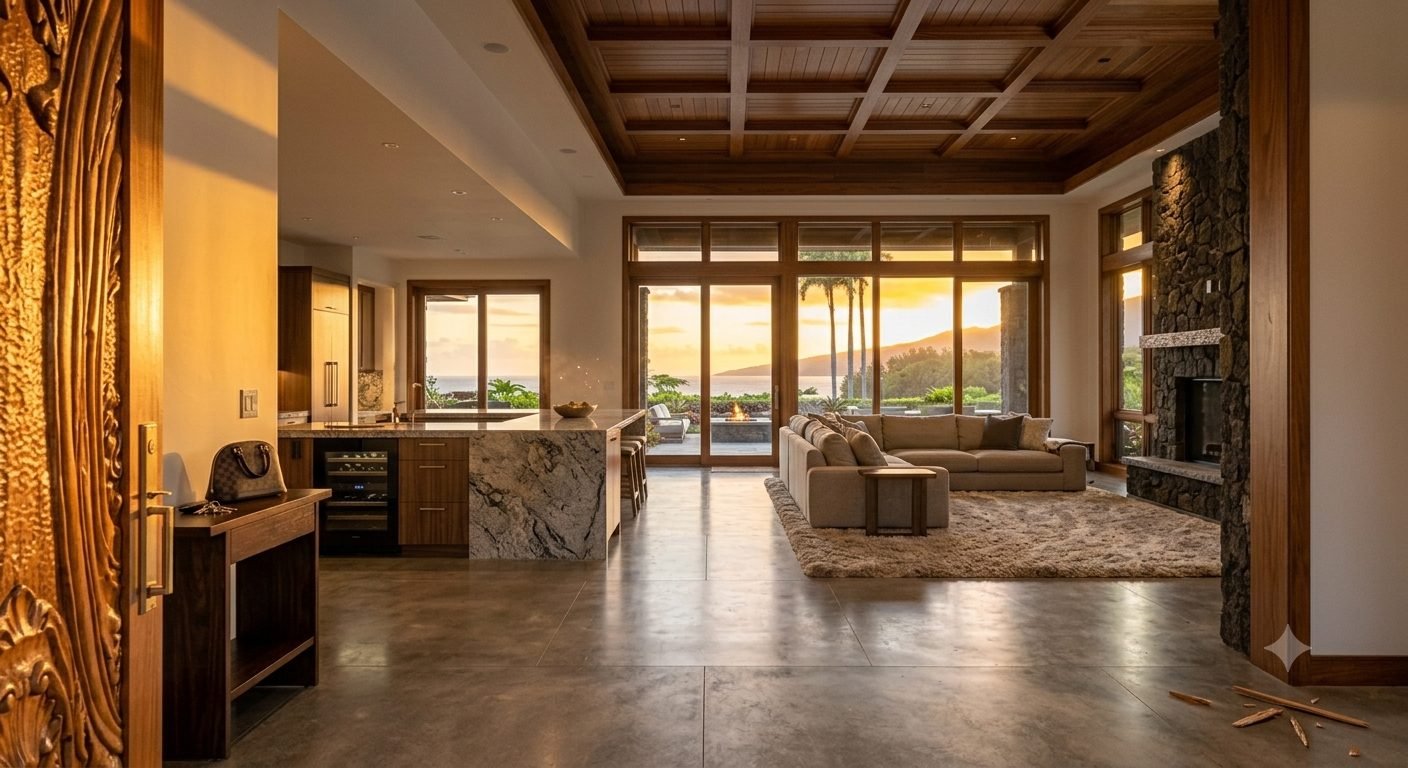 Great room interior with fireplace, kitchen, and ocean view at sunset